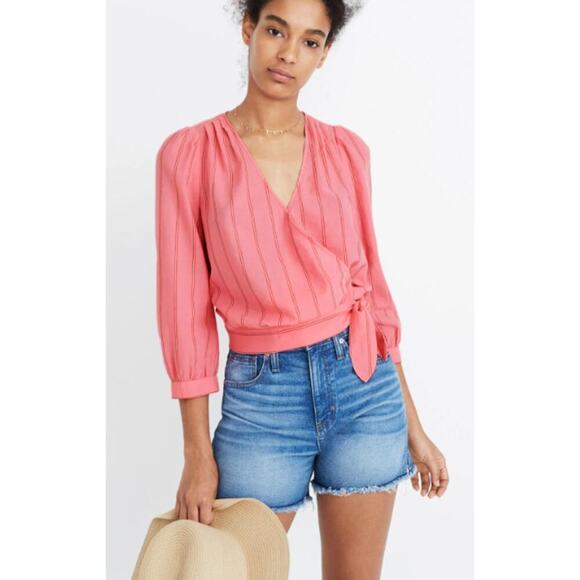 Madewell Womens Wrap Top in Cecilia Stripe Size XS Peony Pink Preppy Beachy Work - Picture 1 of 12